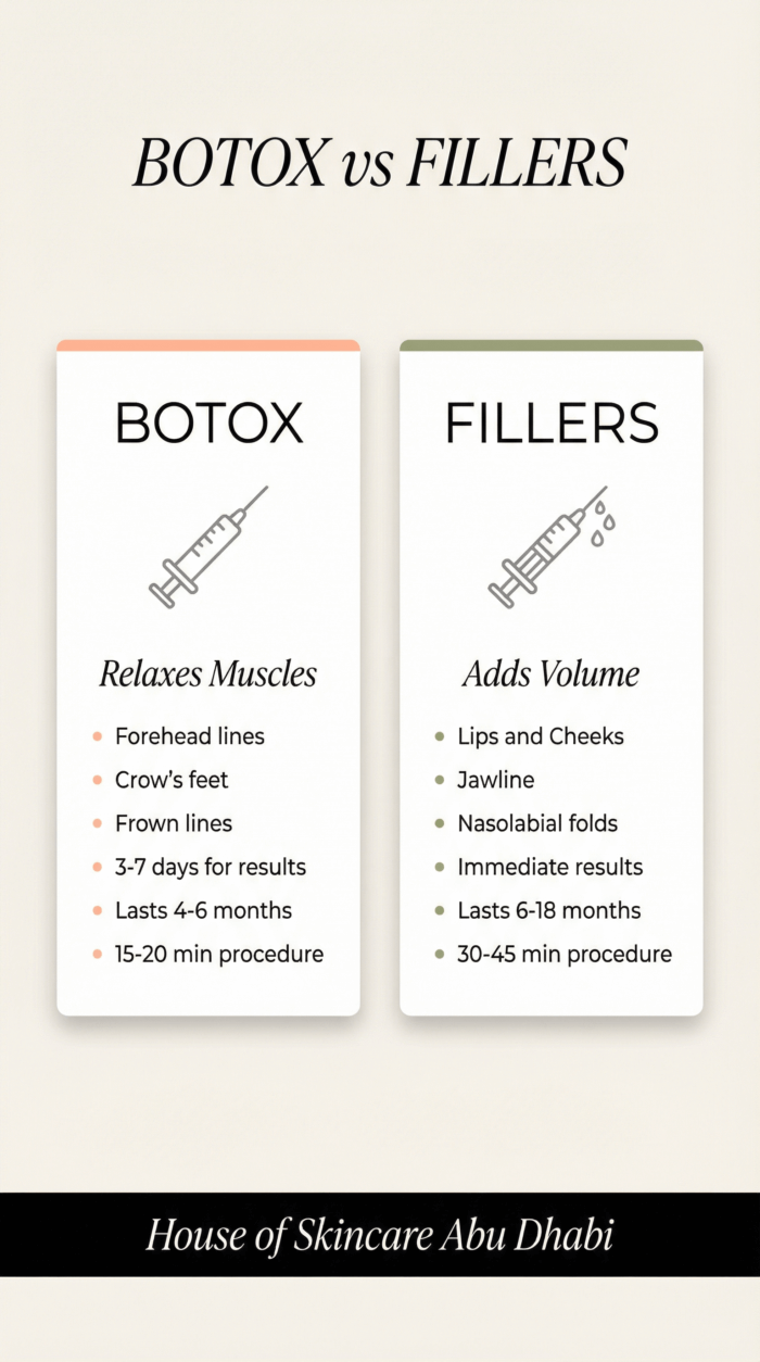 botox-vs-fillers-comparison-infographic-abu-dhabi Botox vs dermal fillers comparison infographic - differences between treatments at Abu Dhabi clinic